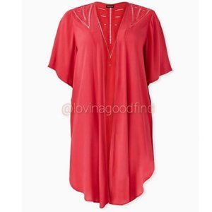TORRID RED CRINKLED GAUZE CROCHET LONGLINE KIMONO NWT sz 2